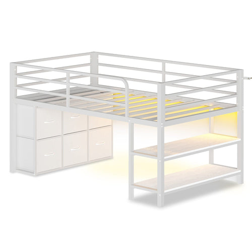 Sikaic Loft Bed Frame Twin Size Low Loft Bed with 6 Storage Drawers and LED Lights White White / Metal / Modern