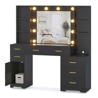 Sikaic Makeup Vanity 48.8 Inches Large Makeup Vanity with Lighted Mirror Black Black / Engineered Wood / Modern