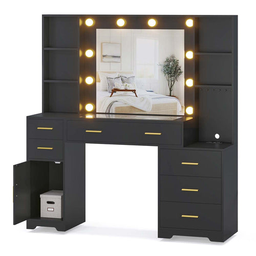 Sikaic Makeup Vanity 48.8 Inches Large Makeup Vanity with Lighted Mirror Black Black / Engineered Wood / Modern