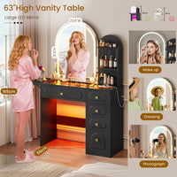 Sikaic Makeup Vanity Arched Makeup Vanity with LED Lighted Mirror and Charging Station Black Black / Engineered Wood / Modern