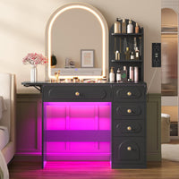 Sikaic Makeup Vanity Arched Makeup Vanity with LED Lighted Mirror and Charging Station Black Black / Engineered Wood / Modern