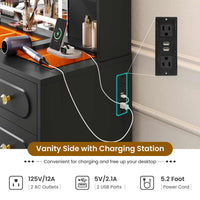 Sikaic Makeup Vanity Arched Makeup Vanity with LED Lighted Mirror and Charging Station Black Black / Engineered Wood / Modern