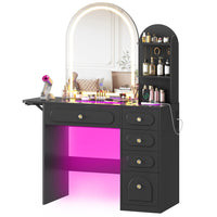 Sikaic Makeup Vanity Arched Makeup Vanity with LED Lighted Mirror and Charging Station Black Black / Engineered Wood / Modern