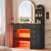 Sikaic Makeup Vanity Arched Makeup Vanity with LED Lighted Mirror and Charging Station Black Black / Engineered Wood / Modern