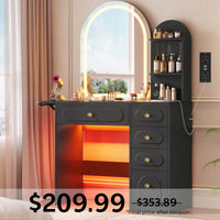Sikaic Makeup Vanity Arched Makeup Vanity with LED Lighted Mirror and Charging Station Black Black / Engineered Wood / Modern