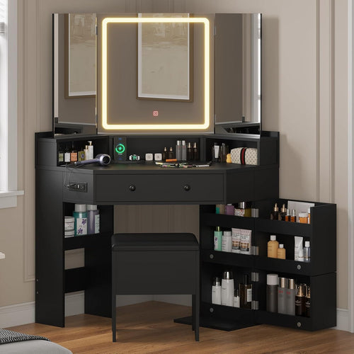 Sikaic Makeup Vanity Corner Makeup Vanity with Tri-Fold Mirror and Cushioned Storage Stool Black Black / Engineered Wood / Modern