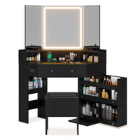 Sikaic Makeup Vanity Corner Makeup Vanity with Tri-Fold Mirror and Cushioned Storage Stool Black Black / Engineered Wood / Modern