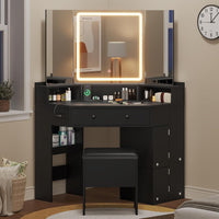 Sikaic Makeup Vanity Corner Makeup Vanity with Tri-Fold Mirror and Cushioned Storage Stool Black Black / Engineered Wood / Modern