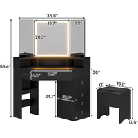 Sikaic Makeup Vanity Corner Makeup Vanity with Tri-Fold Mirror and Cushioned Storage Stool Black Black / Engineered Wood / Modern