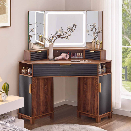 Sikaic Makeup Vanity Large Fluted Makeup Vanity with HD Triple Mirror and Lights Black Black / Engineered Wood / Modern