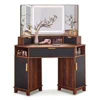 Sikaic Makeup Vanity Large Fluted Makeup Vanity with HD Triple Mirror and Lights Black Black / Engineered Wood / Modern