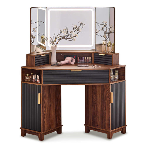 Sikaic Makeup Vanity Large Fluted Makeup Vanity with HD Triple Mirror and Lights Black Black / Engineered Wood / Modern