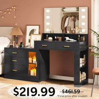 Sikaic Makeup Vanity LED Makeup Vanity Dresser with Mirror and Charging Station & 5 Drawers Cabinet Storage Black Black / Engineered Wood / Modern