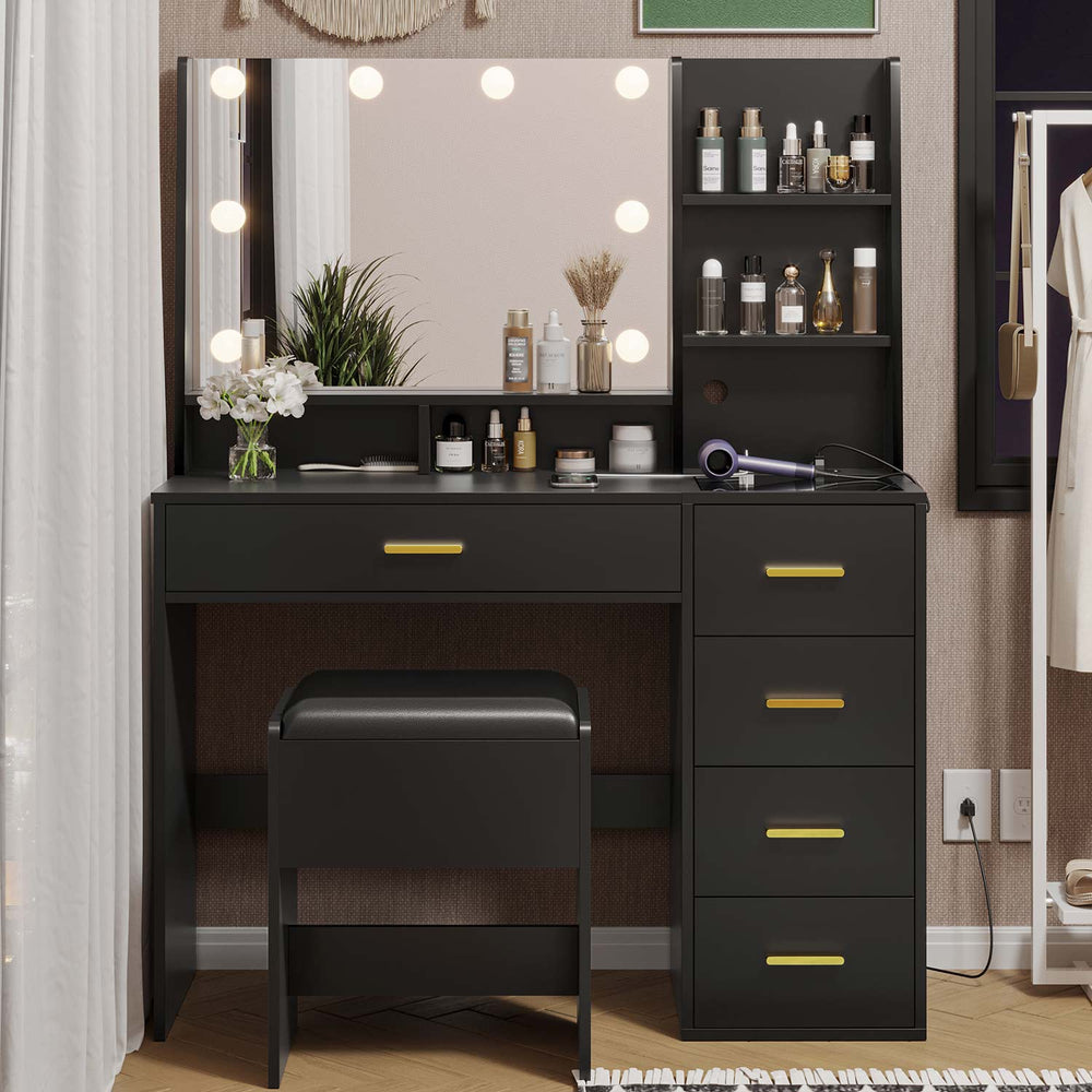 Sikaic Makeup Vanity LED Makeup Vanity Set with Mirror Cushioned Stool Charging Station Open Storage Shelves Black