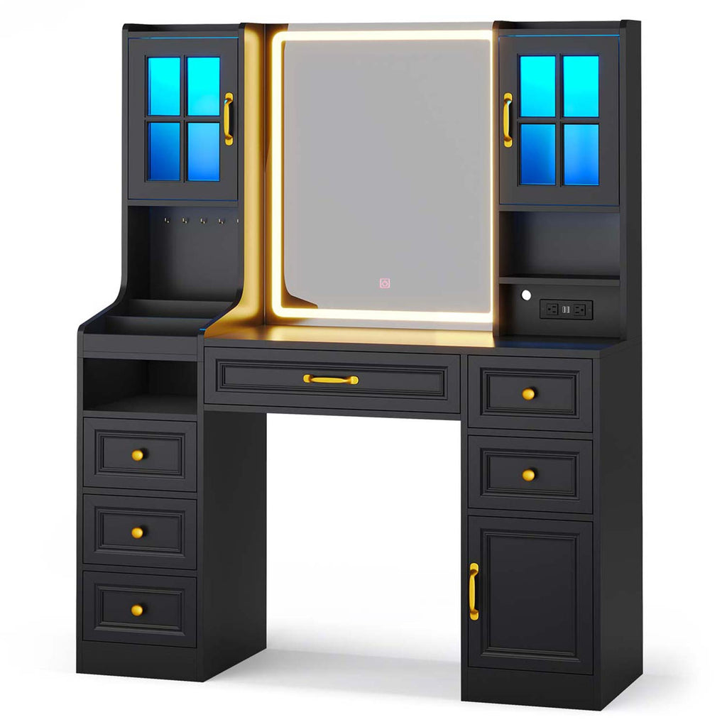 black dressing table with mirror and lights Acena Black High Gloss 7-Drawer Vanity Set with Lighting – Luna Furniture