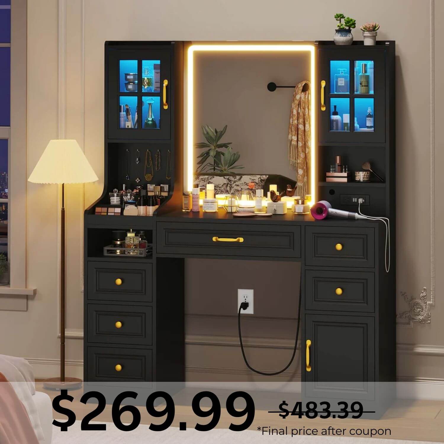 modern black dressing table Dextrus Vanity Table Set with 3 Color Lighted Mirror & Charging Station & Stool, Modern Makeup Vanity Dressing Table with 9 Drawers for Bedroom, Gold