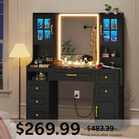 Sikaic Makeup Vanity LED Makeup Vanity with Charging Station Black Black / Engineered Wood / Modern