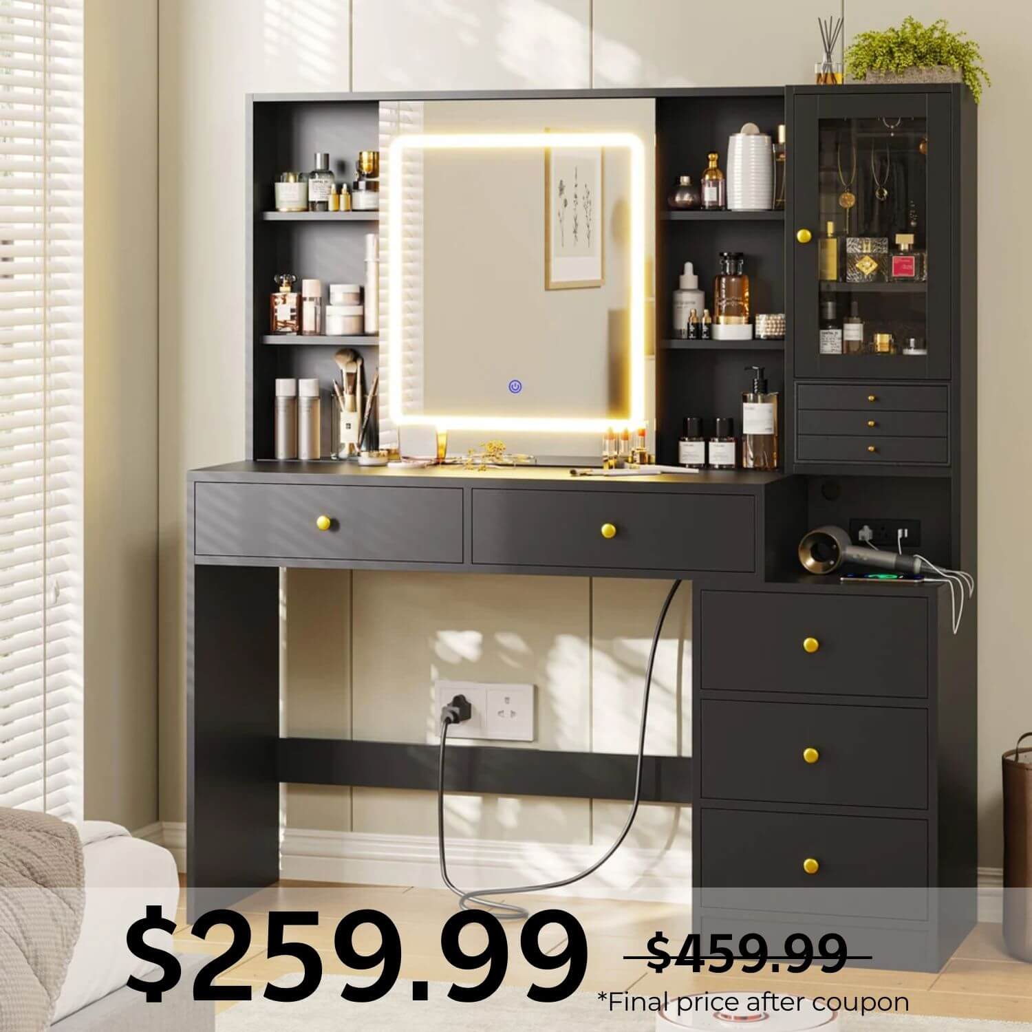 Sikaic Dressing Table LED Makeup Vanity with Dresser Charging Station Mirror Drawers & Shelves Black