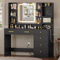 Sikaic Makeup Vanity LED Makeup Vanity with Touch Screen Mirror and Charging Station Black Black / Engineered Wood / Modern