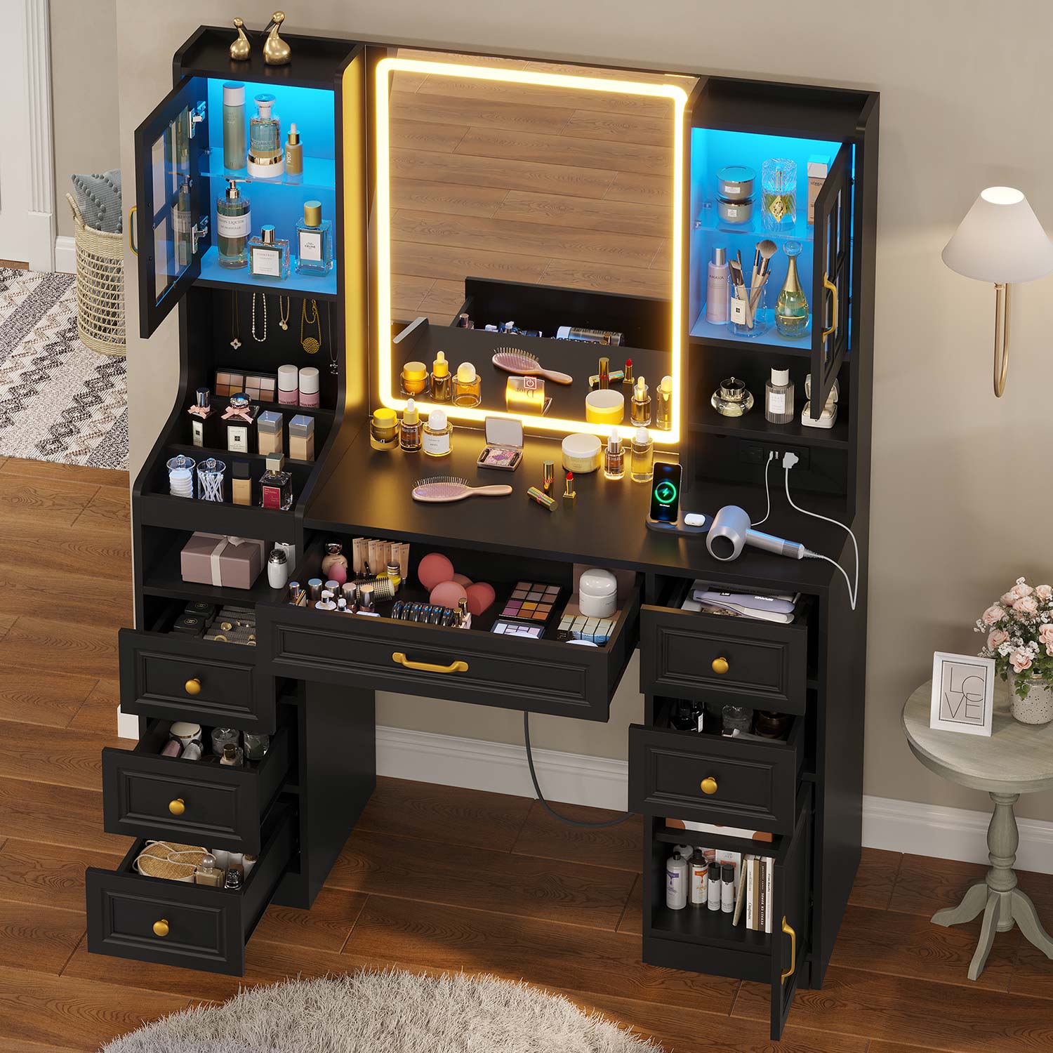 Sikaic Makeup Vanity LED Makeup Vanity with Mirror Charging Station Black Modern Sikaic Makeup Vanity LED Makeup Vanity with Mirror Charging Station Black Modern