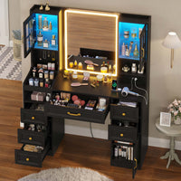 Sikaic Makeup Vanity LED Mirror Makeup Vanity with Charging Station and 6 Drawers & 7 Shelves Black Black / Engineered Wood / Modern