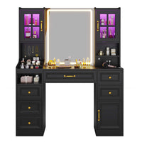 Sikaic Makeup Vanity LED Mirror Makeup Vanity with Charging Station and 6 Drawers & 7 Shelves Black Black / Engineered Wood / Modern