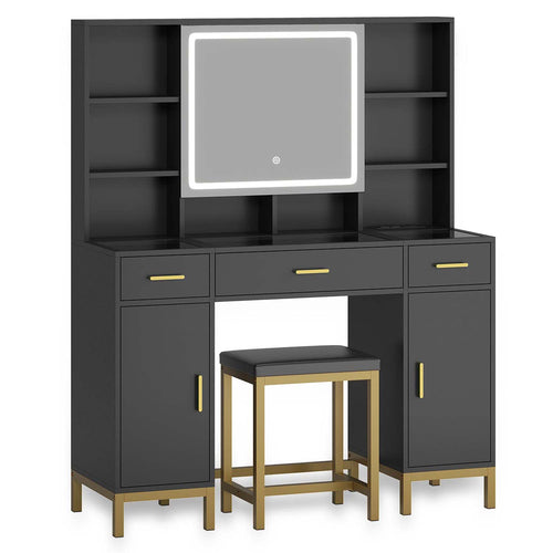 Sikaic Makeup Vanity Makeup Vanity Set with LED Mirror Charging Station Black Black / Engineered Wood / Modern