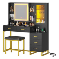 Sikaic Makeup Vanity Makeup Vanity Set with Mirror and Lights Charging Station RGB Jewelry Storage Shelves Black