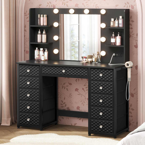 Sikaic Makeup Vanity Makeup Vanity with 11 Drawers and 6 Open Shelves Black Black / Engineered Wood / Modern