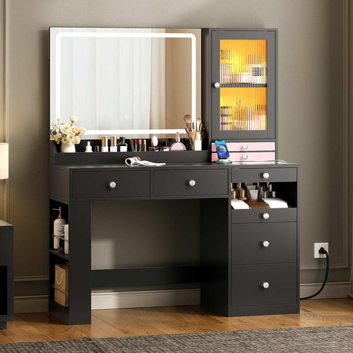 Sikaic Makeup Vanity Makeup Vanity with Mirror and LED Cabinet Black Black / Engineered Wood / Modern