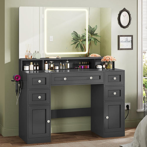 Sikaic Makeup Vanity Makeup Vanity with Trifold Mirror and Charging Station Black Black / Engineered Wood / Modern