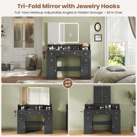 Sikaic Makeup Vanity Makeup Vanity with Trifold Mirror and Charging Station Black Black / Engineered Wood / Modern