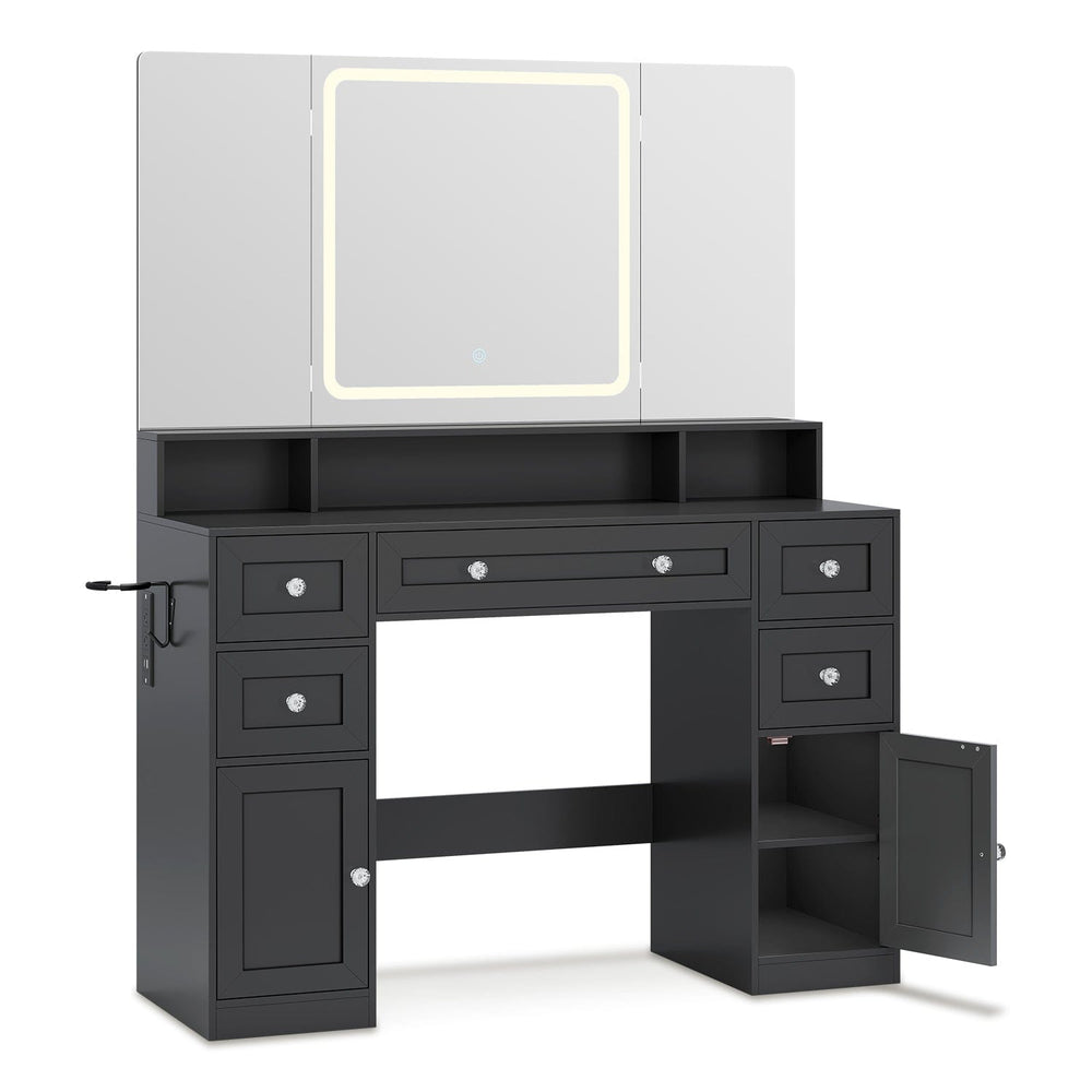 Sikaic Makeup Vanity Makeup Vanity with Trifold Mirror and Charging Station Black Black / Engineered Wood / Modern