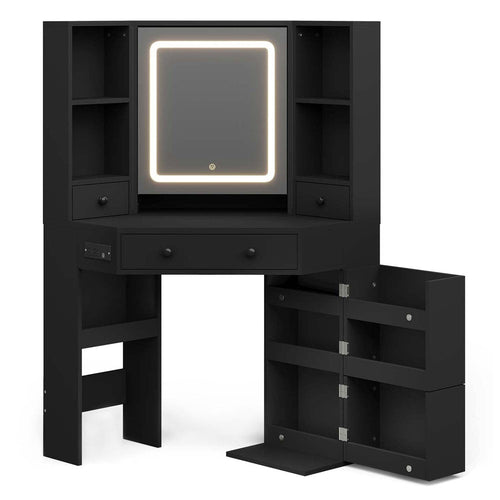 Sikaic Makeup Vanity Corner LED Makeup Vanity with Mirror Black Black / Engineered Wood / Style