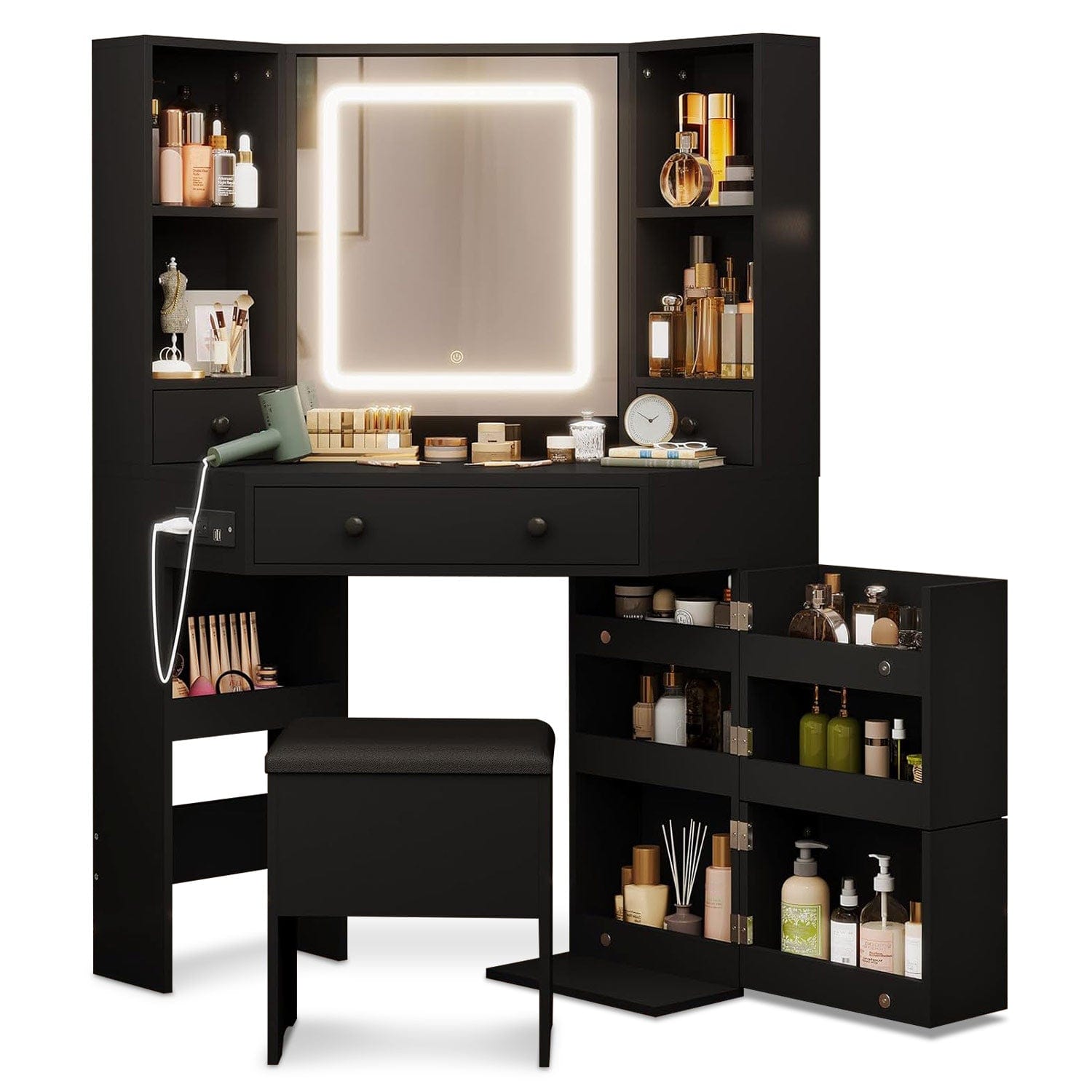 Sikaic Corner Makeup Vanity with Tri-Fold Mirror and Cushioned Storage Stool Black