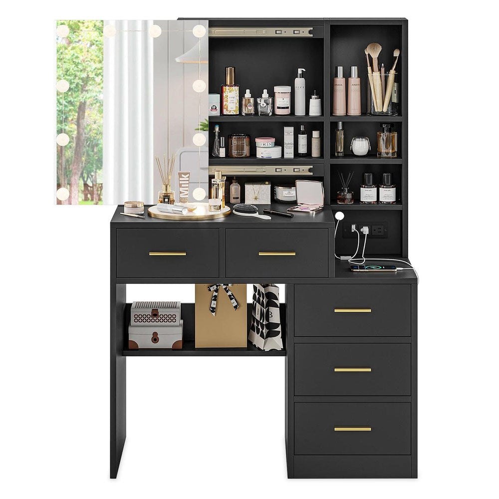 Sikaic Makeup Vanity 5 Drawers LED Makeup Vanity with Sliding Mirror Black Black / Glass / Modern