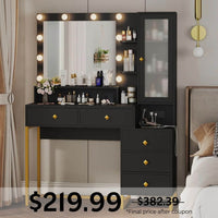 Sikaic Makeup Vanity LED Makeup Vanity with 5 Drawers Black Black / Glass / Modern