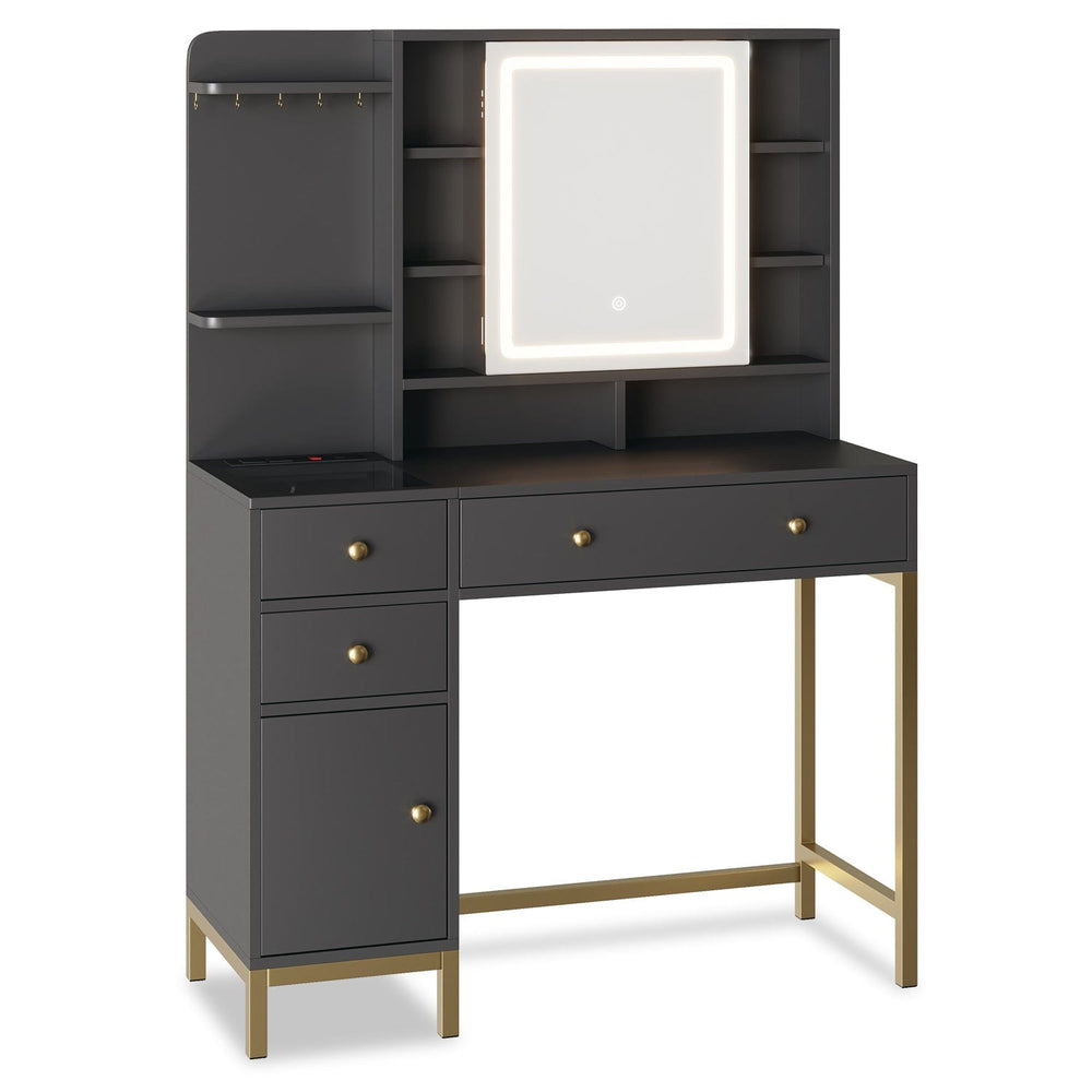 Sikaic Makeup Vanity LED Makeup Vanity with Mirror Charging Station Black Black / Glass / Modern