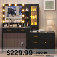 Sikaic Makeup Vanity LED Makeup Vanity with Mirror Charging Station Black Black / Glass / Modern