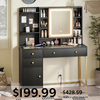 Sikaic Makeup Vanity LED Makeup Vanity with Mirror Charging Station Black Black / Glass / Modern