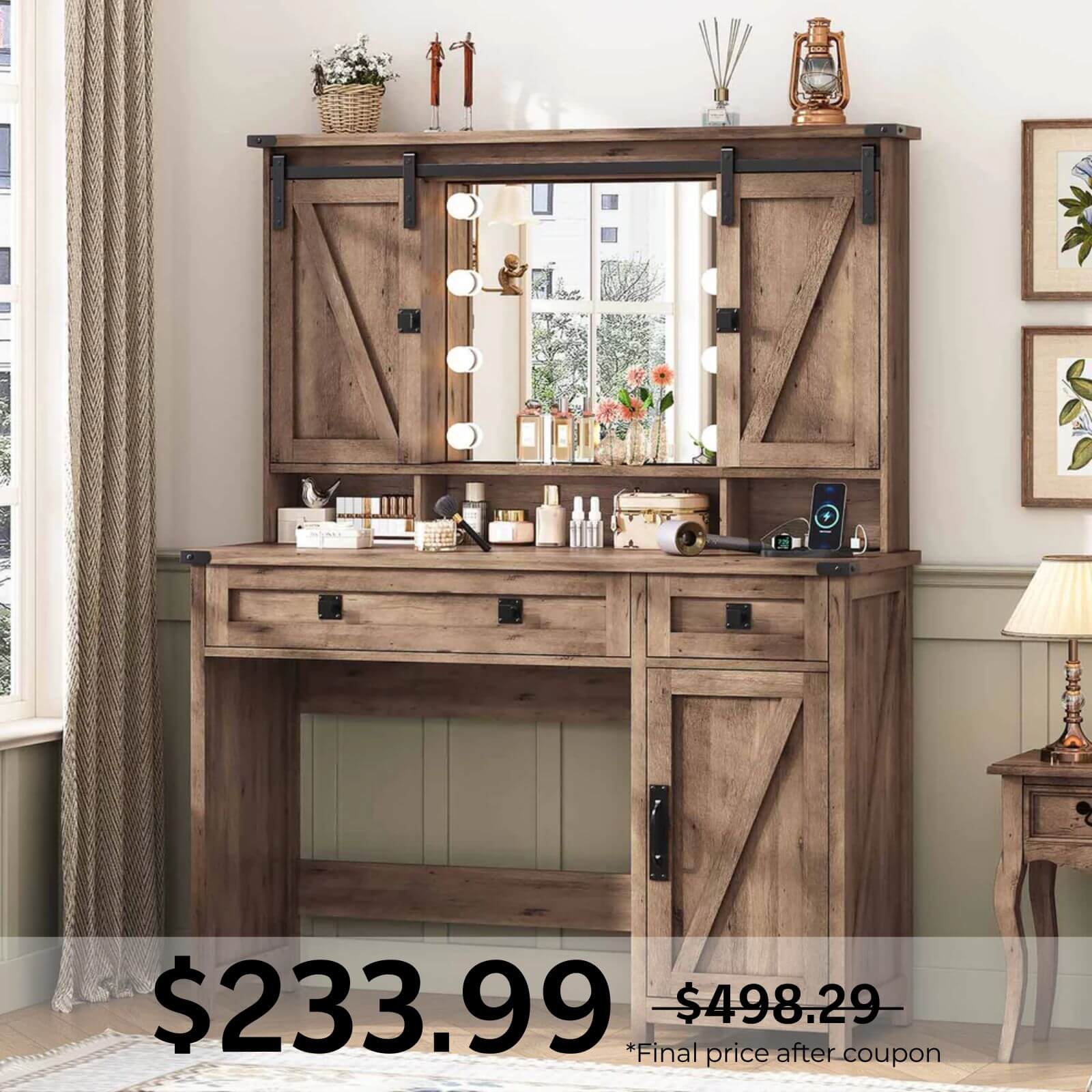 Makeup Vanity with LED Mirror Sliding Barn Doors Brown Makeup Vanity with LED Mirror Sliding Barn Doors Brown