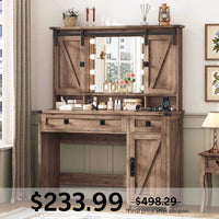 Sikaic Makeup Vanity Makeup Vanity with LED Mirror Sliding Barn Doors Brown Brown / Engineered Wood / Farmhouse