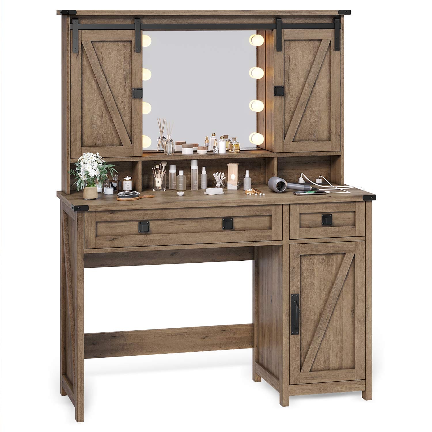 Wooden Makeup Vanity with LED Mirror & Barn Doors | Sikaic Wooden Makeup Vanity with LED Mirror & Barn Doors | Sikaic