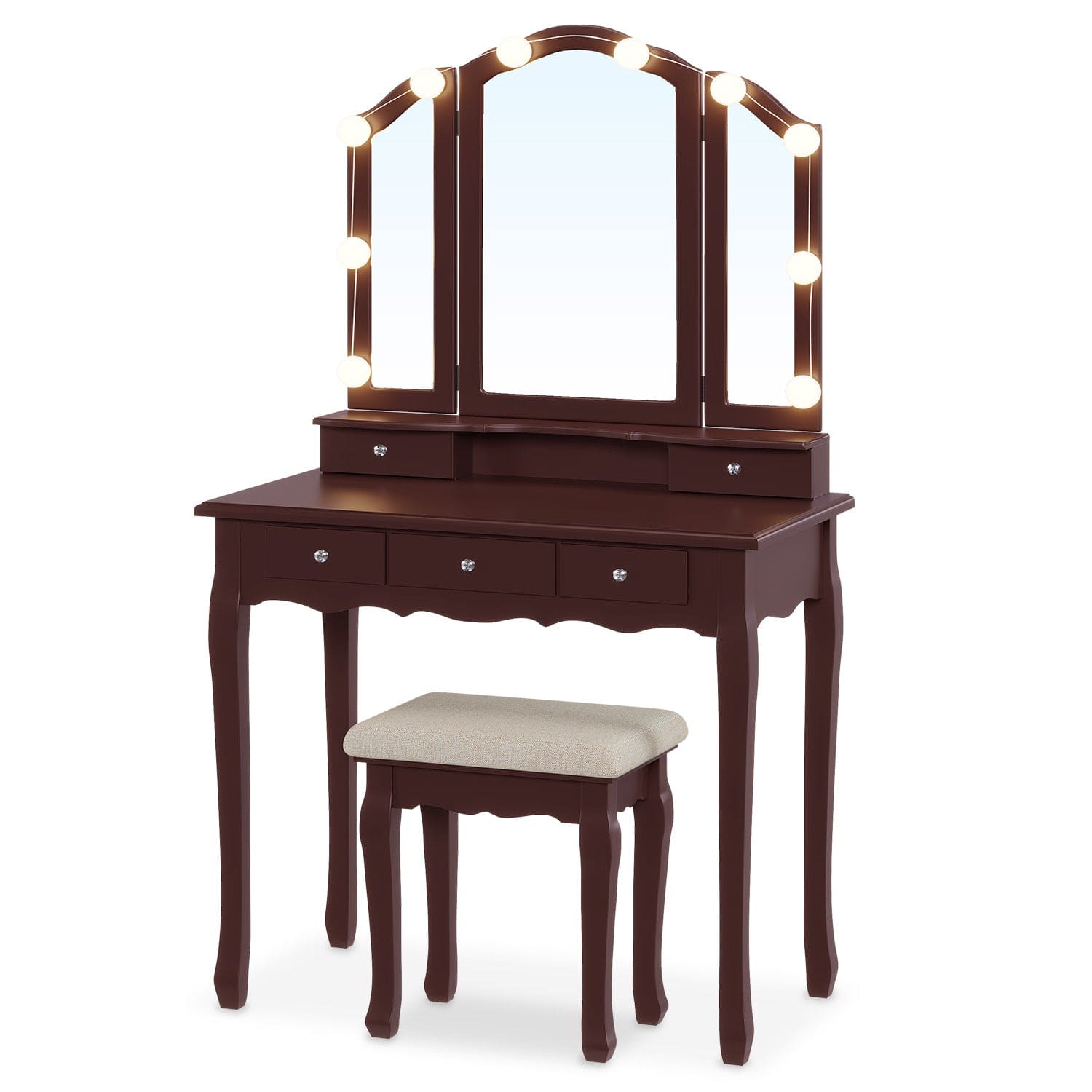 Makeup Vanity Set with LED Mirror Cushioned Stool Brown Modern - Sikaic - Dressing Table Makeup Vanity Set with LED Mirror Cushioned Stool Brown Modern - Sikaic - Dressing Table