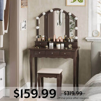 Sikaic Makeup Vanity Makeup Vanity Set with LED Mirror and Stool Brown Brown / Engineered Wood / Modern