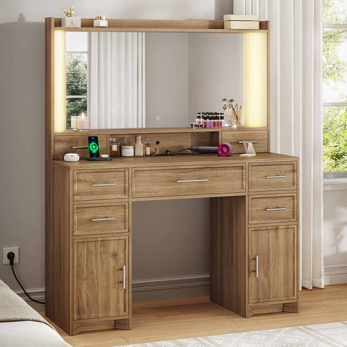 Sikaic Makeup Vanity Makeup Vanity with Mirror and Lights Brown Brown / Engineered Wood / Modern