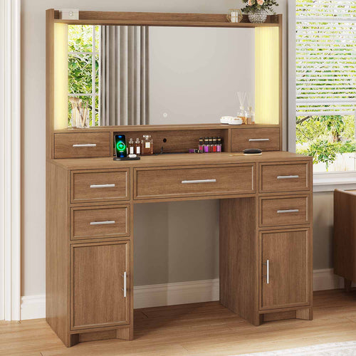 Sikaic Makeup Vanity Makeup Vanity with Charging Station and Lights Dark Brown Dark Brown / Engineered Wood / Modern