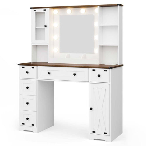 Sikaic Makeup Vanity 43 Inches Makeup Vanity with Lighted Mirror White Farmhouse / White / Wood