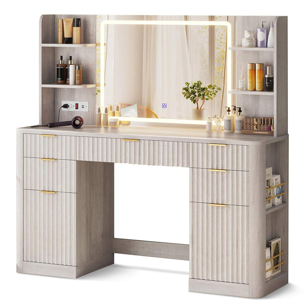 Sikaic Makeup Vanity 51.2 Inches Fluted Makeup Vanity with Mirror and Lights Grey Oak Grey / Engineered Wood / Modern