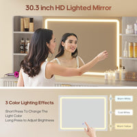 Sikaic Makeup Vanity 51.2 Inches Fluted Makeup Vanity with Mirror and Lights Grey Oak Grey / Engineered Wood / Modern